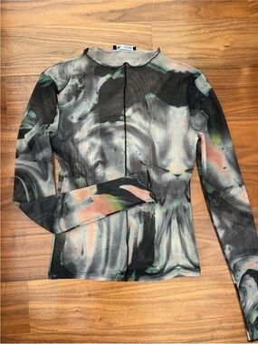 Zara Marble-Print Sheer Long Sleeve Top in Black, Peach & Green